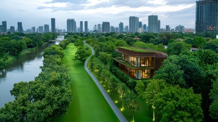 Modern House in Green Urban Park with City Skyline Aerial View