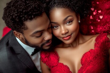 Obraz premium Commercial ad campaign creative. Valentine's day, affectionate couple: stunning dazzling, image of loving black young lovers. Sign of love and affection. Sunset romance. Dreamy couple.
