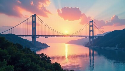 Fototapeta premium Symmetrical suspension bridge spanning vast river, high, structure