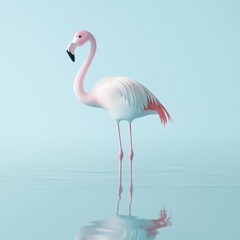 Obraz premium Elegant Pink Flamingo Standing in Calm Blue Water Minimalist Tropical Bird Scene