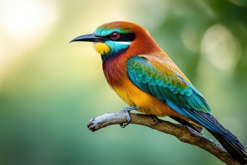 Obraz premium A vibrant Rainbow-colored bird perched on a branch, showcasing its brilliant plumage and striking red eye.