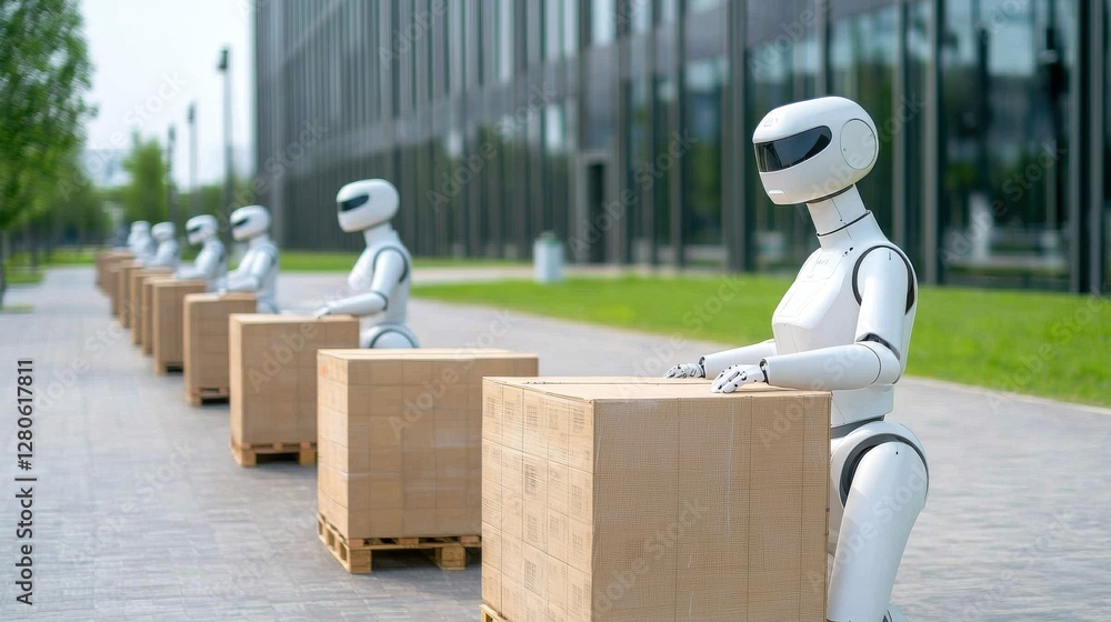 Aufkleber a row of humanoid robots stands by wooden crates in an outdoor setting, showcasing advanced technolo