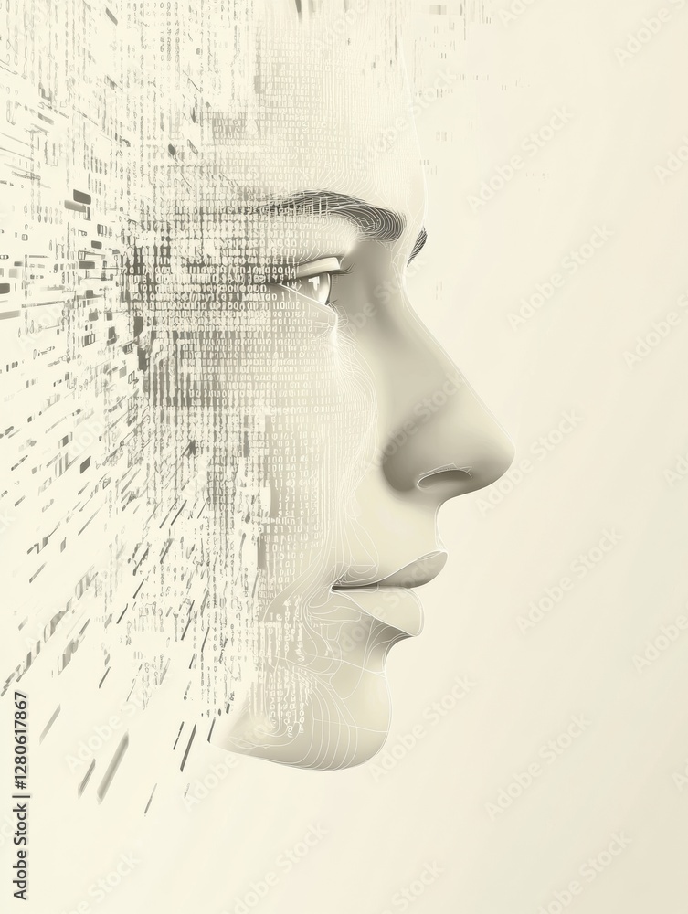 Aufkleber Human face outline transforming into streams of binary code showcasing futuristic artificial intelligence concept. Generative AI