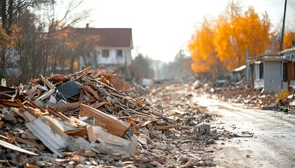 Debris-strewn street, autumnal houses