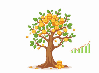 Growing Wealth: Money Tree and Investment Charts Vector Illustration