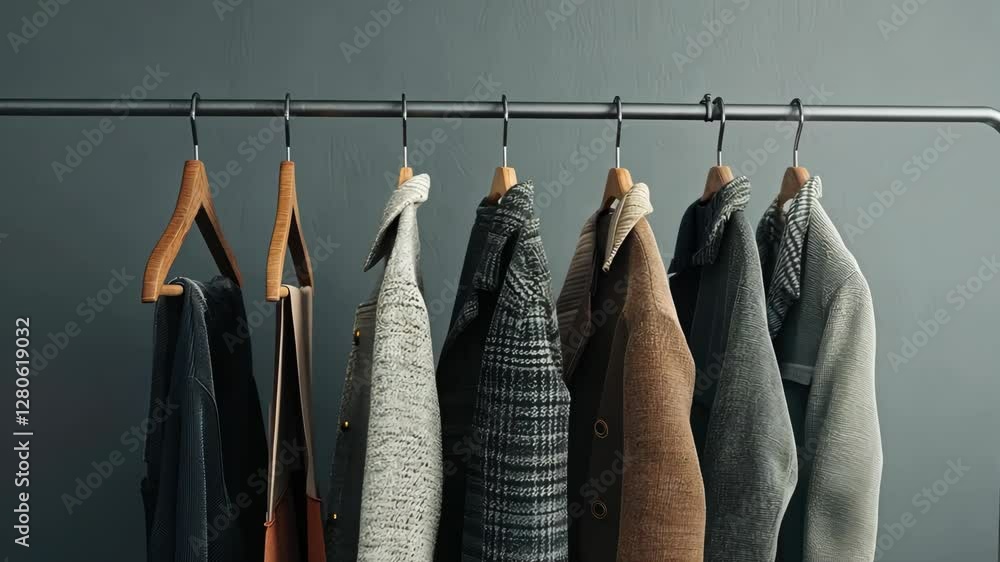 Poster coats of various styles and colors neatly arranged on a rack, creating a trendy display in a well-li