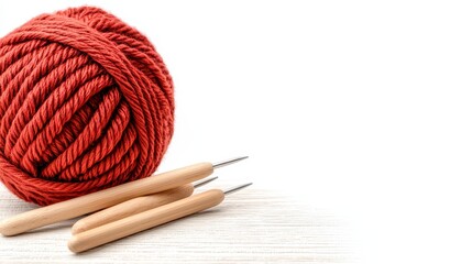 Rustic Still Life of Red Yarn and Wooden Crochet Hooks on White Wooden Surface