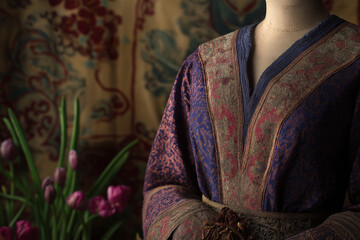 Fototapeta premium Nowruz celebration with traditional Persian dress on mannequin, vibrant embroidery