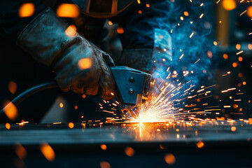 A worker cutting metal with a plasma cutter, close up with a glowing background..