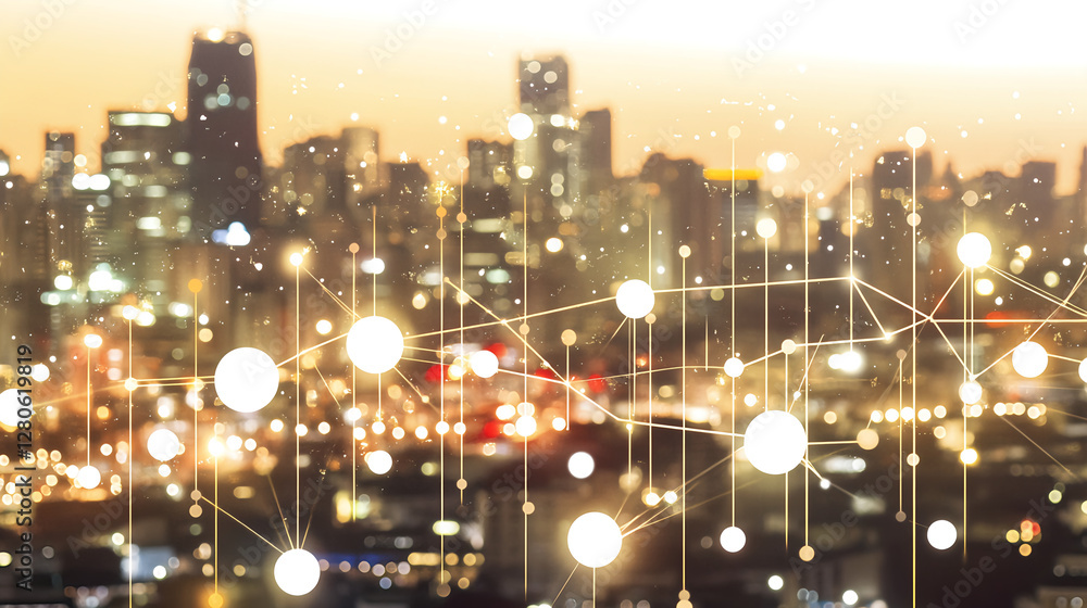 Poster dynamic urban light patterns showcasing technology integration cityscape digital art evening aerial 