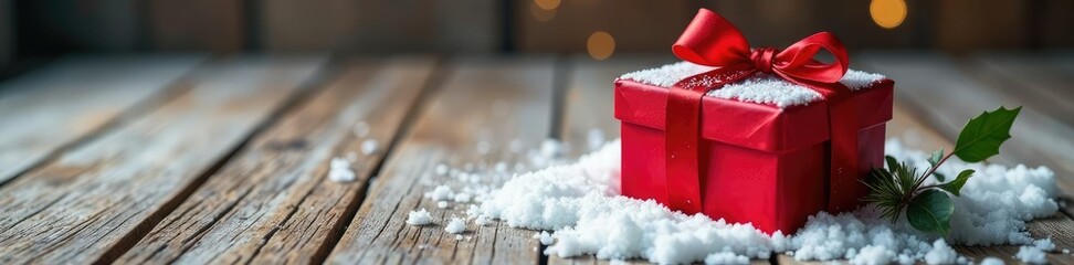 Red gift box on a snowy wooden table with a sprig of holly in the corner, holiday arrangements, gift wrap, gift box