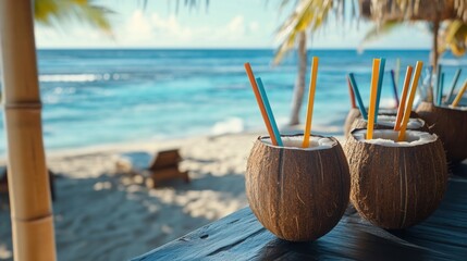 Alcohol consumption at a tropical beach bar with coconut cocktails. Featuring relaxation