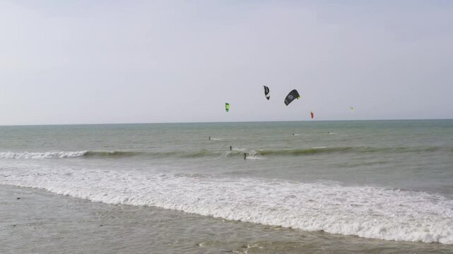 Aerial view of beaches and kite surfing in Mancora Peru, drone.