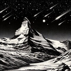 dramatic, stylized black and white illustration of a mountain peak, under a starry night sky with several shooting stars and a bright moon, creating a striking and surreal lands