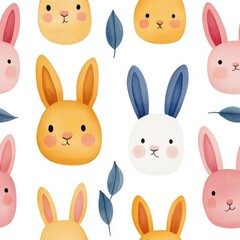 Obraz premium A colorful pattern featuring various cute rabbit faces and leaves on a white background, creating a whimsical and playful design.