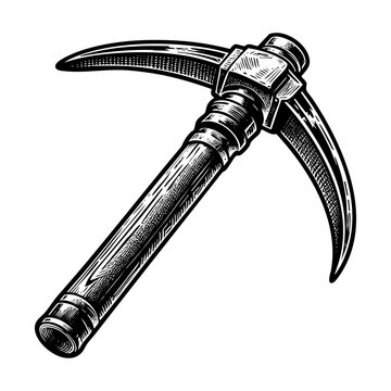 recommend clip art: Pickaxe sketch engraving black and white outline. Scratch board imitation.  illustrated in vintage line art style on a white background.
                    
