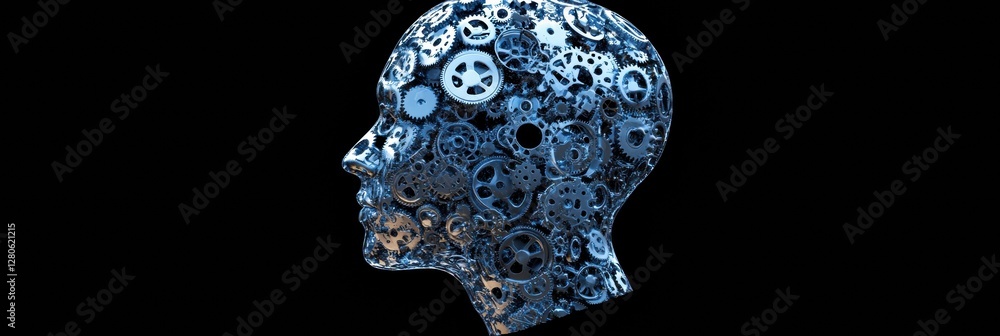 Poster Human head contour filled with interlocking gears and cogs to symbolize artificial intelligence and complex thought processes. Generative AI