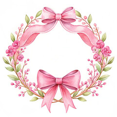 greeting card with pink flowers Watercolor Floral Wreath with Pink Ribbons Elegant Botanical Frame for Wedding Invitations & Decorative Designs 