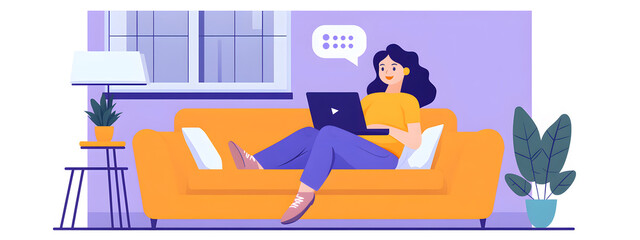 Fototapeta premium A woman lounging on the couch, holding her laptop 