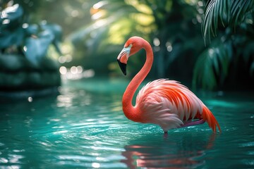Fototapeta premium A vibrant flamingo stands gracefully in a teal pond, surrounded by lush green tropical foliage.