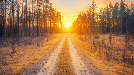 Obraz premium Golden Sunset Path Through a Pine Forest