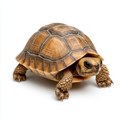 Obraz premium Small Brown Tortoise with Domed Shell on White Background, Closeup View of Reptile Wildlife