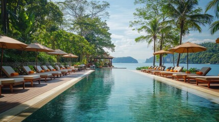 Obraz premium Alcohol consumption at a tropical resort with cocktails by the pool. Featuring relaxation and escape