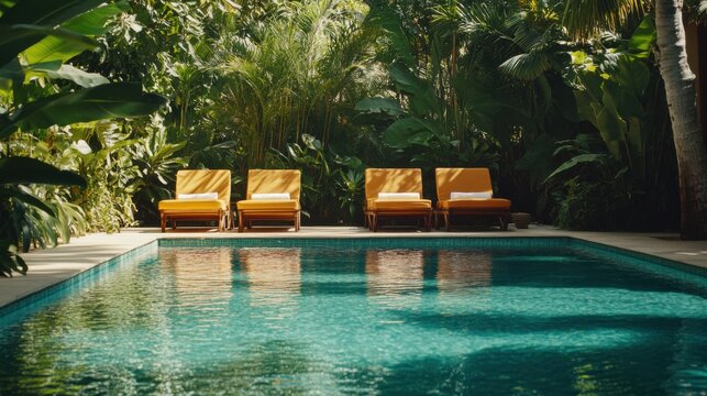 Alcohol consumption at a tropical resort with cocktails by the pool. Featuring relaxation and escape