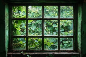 Abandoned window overgrown with vines