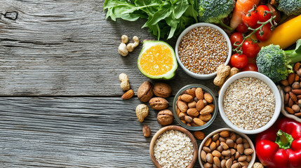 Fototapeta premium Assorted healthy foods arranged on a rustic wooden background