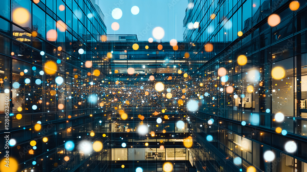 Poster captivating light display illuminating modern architecture in urban office space during evening hour