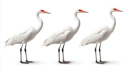 Obraz premium Three Elegant White Cranes in a Row on a Pure White Background: A Serene and Balanced Wildlife Image