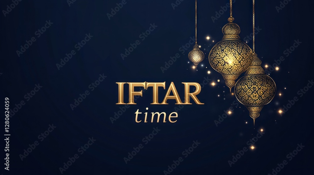 Poster Intricate lanterns dangle against a deep blue backdrop, creating a serene atmosphere for Iftar during Ramadan, where families gather to break their fast