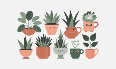 Vector-style illustration of cute potted plants in ceramic pots, easily editable. 