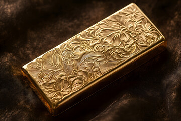 Fototapeta premium Intricately Designed Gold Bar with Floral Engravings on a Velvet Background