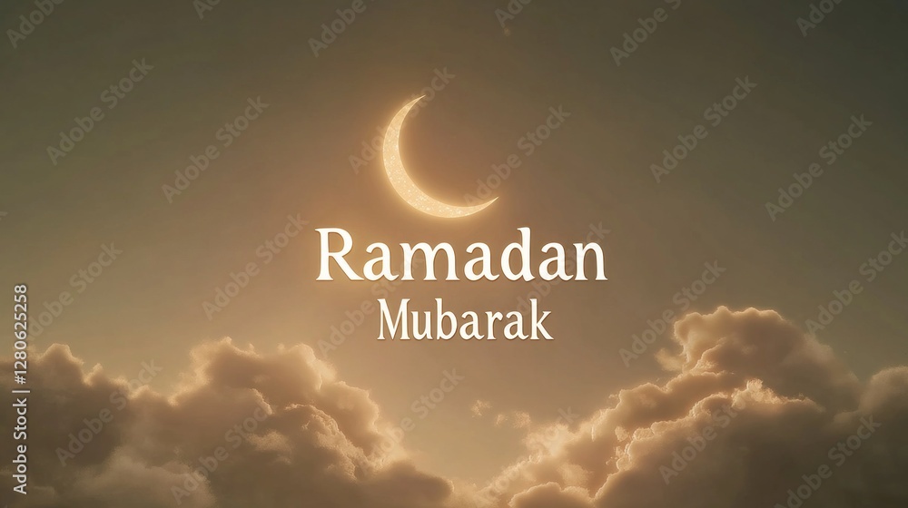Poster a beautifully crafted ramadan mubarak card features soft clouds gently illuminated by a crescent moo