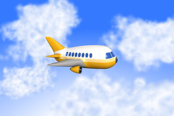 3D cartoon airplane flying through clouds and blue sky. Travel concept.