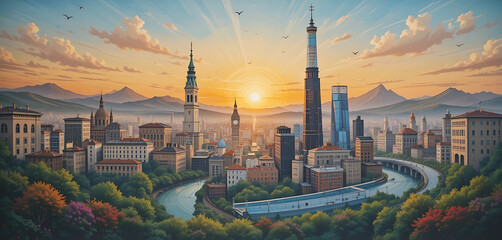 Fototapeta premium Hand-paint or hire an artist to create a mural directly on the wall. This technique works well for more detailed and large-scale designs, such as cityscapes or fantasy landscapes.