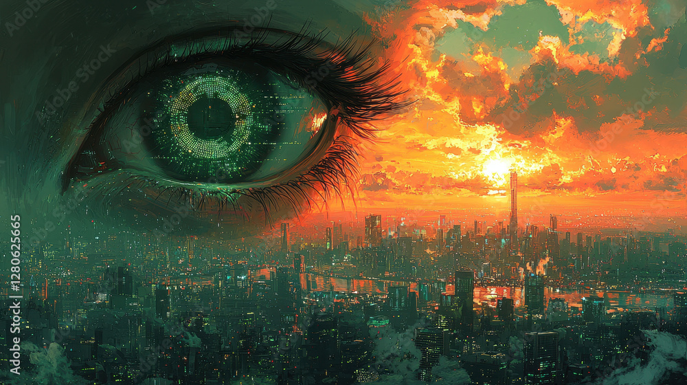 Poster massive ai eye illuminates the cyber-dystopian city with data streams as sunset colors the sky in in