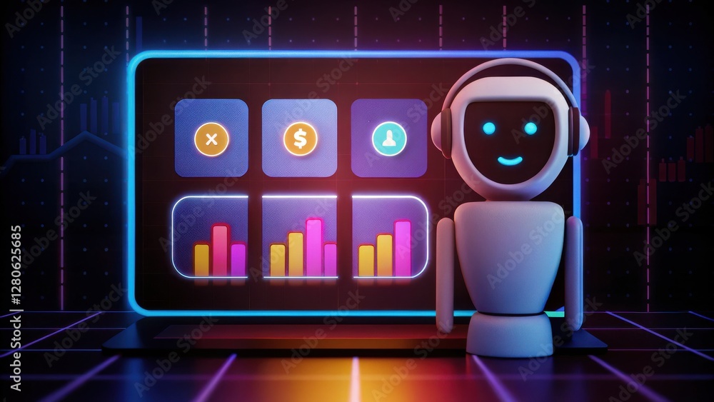 Poster friendly robot assistant guides users with financial data on a vibrant neon display. futuristic tech