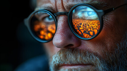 Close-up of reflective glasses, reflected in a field of bright orange colors