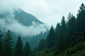 Obraz premium Towering conifers stretch toward the misty sky, green, conifer, evergreen