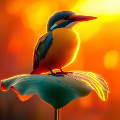 Fototapeta premium kingfisher perched on a lotus leaf, monumental view, Character modeling, Depth of field, Sound art, bold colors, Vintage Retro, volumetric lighting,