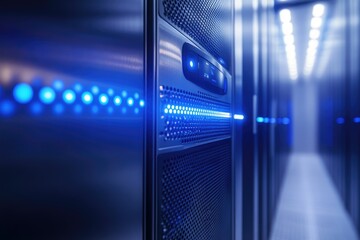 Modern data center server room with blue lights, showcasing advanced technology and infrastructure.
