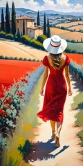 Naklejka premium Rear view woman in red summer dress walking in italian landscape
