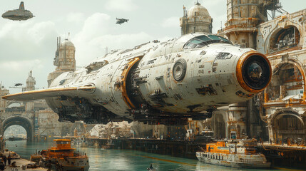 Fototapeta premium Massive AI-controlled spaceport showcases advanced robotic ships and synchronized mechanical engineers in a bustling futuristic trade hub