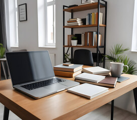 Naklejka premium Workplace of man desk books laptop home interior