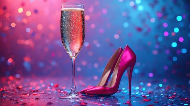 Celebration toast with a glass of sparkling beverage and stylish pink high heels surrounded by colorful confetti