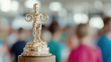 Youth sports trophy, award ceremony, blurry background, children
