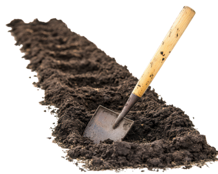 wooden handled shovel resting in freshly turned soil, ready for planting. rich, dark earth showcases preparation for garden or farm